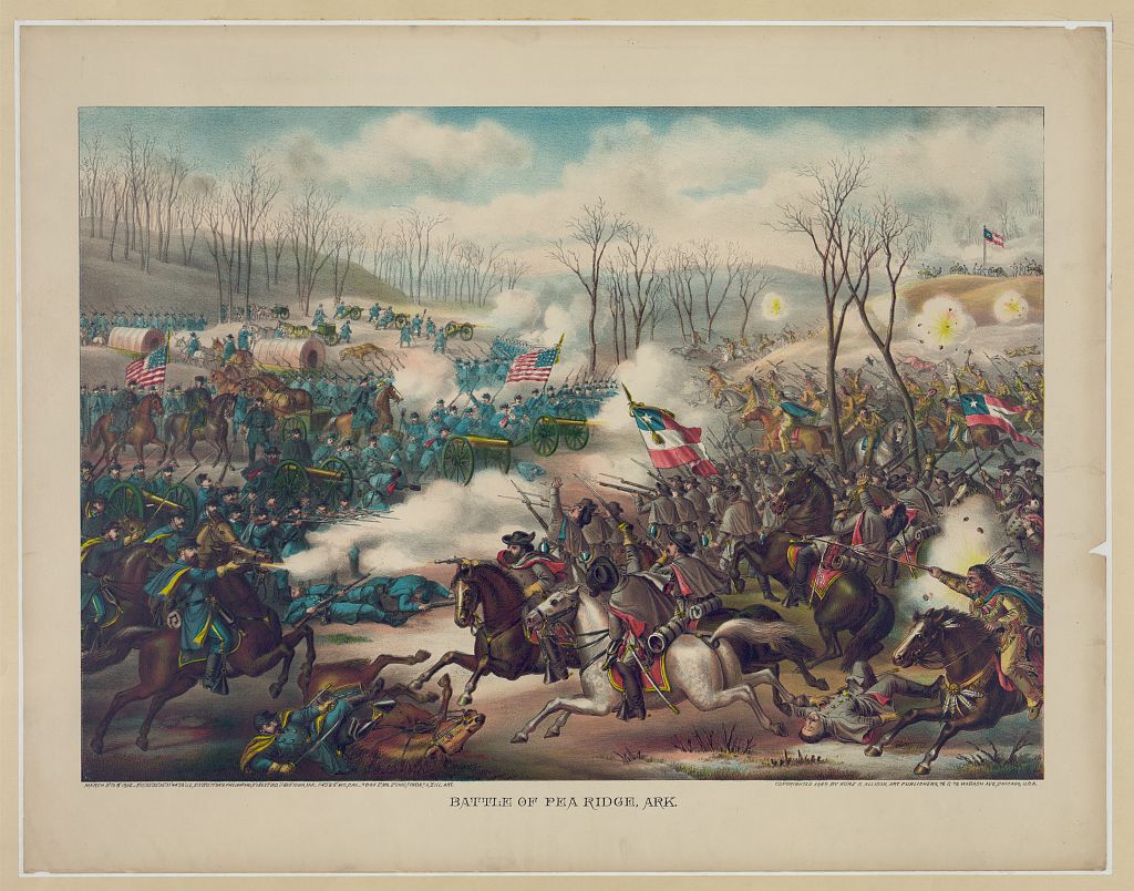 1889 chromolithograph of United States and Confederate troops fighting at Pea Ridge